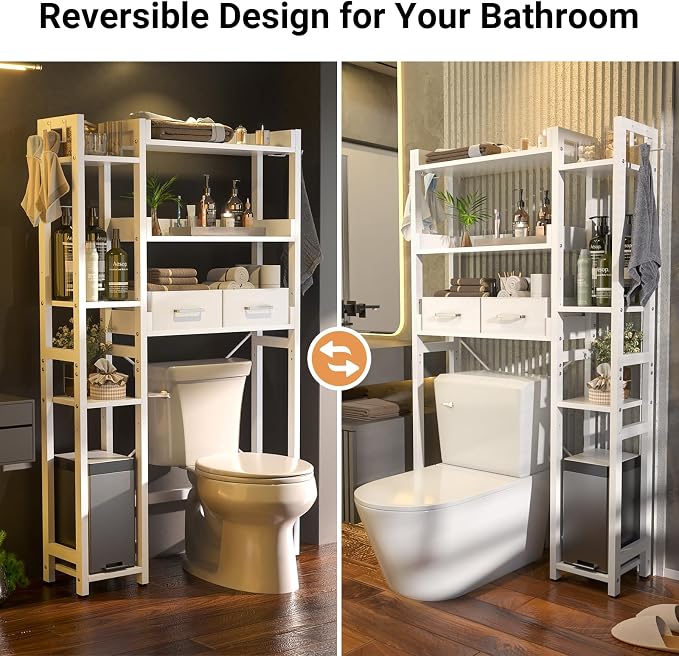 Besiost Over The Toilet Storage, 7 Tier Bathroom Organizer with Reversible Side Shelf and 2 Fabric Drawers, Adjustable Freestanding Rack Space Saver for Small Spaces, White