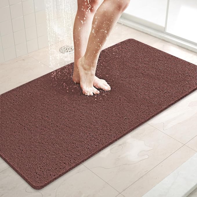 LuxStep Shower Mat Bathtub Mat,Non-Slip Bath Mat with Drain, Quick Drying | 36x16 inch, PVC Loofah Bathmat for Tub,Shower,Bathroom, Reddish Brown