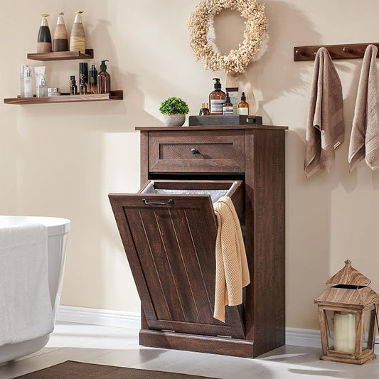 IFBUY Tilt Out Laundry Hamper Cabinet, Trash Can Cabinet, Brown | 10 Gallon Farmhouse Trash Cabinet w/Drawer, Hidden Wood Garbage Can Cabinet w/Laundry Storage Basket for Bathroom, Kitchen