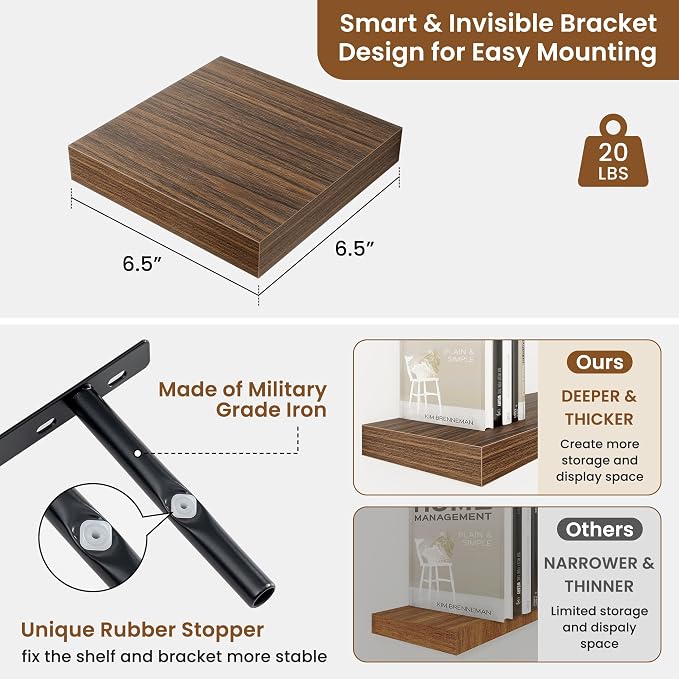 fuqing Floating Shelves for Wall, Wall Mounted Wood Floating Shelf with Invisible Brackets for Living Room, Bathroom, Bedroom, Kitchen Storage and Decor, 6.5 Inch Set of 3, Walnut