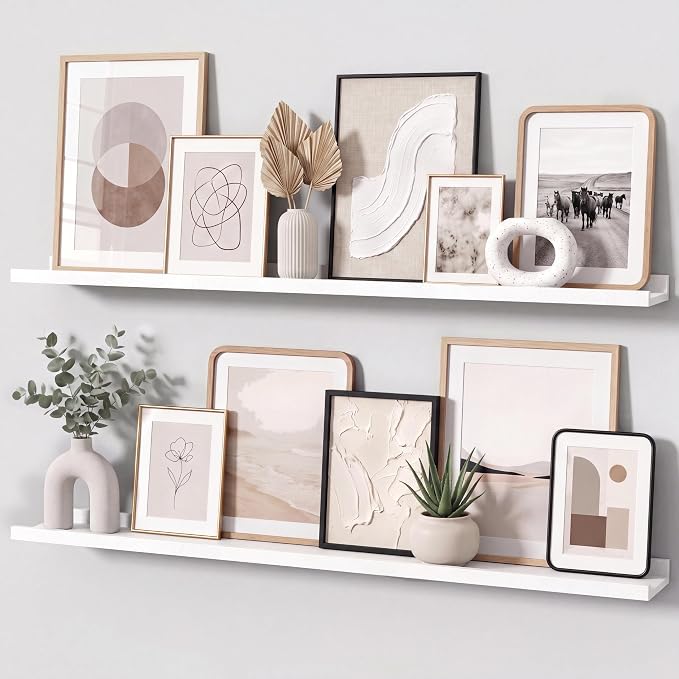 White Picture Ledge Shelves for Wall, 4.5" Deep Wood Floating Shelves with Lip for Bedroom, Living Room, 40" Width, Color White Set of 2
