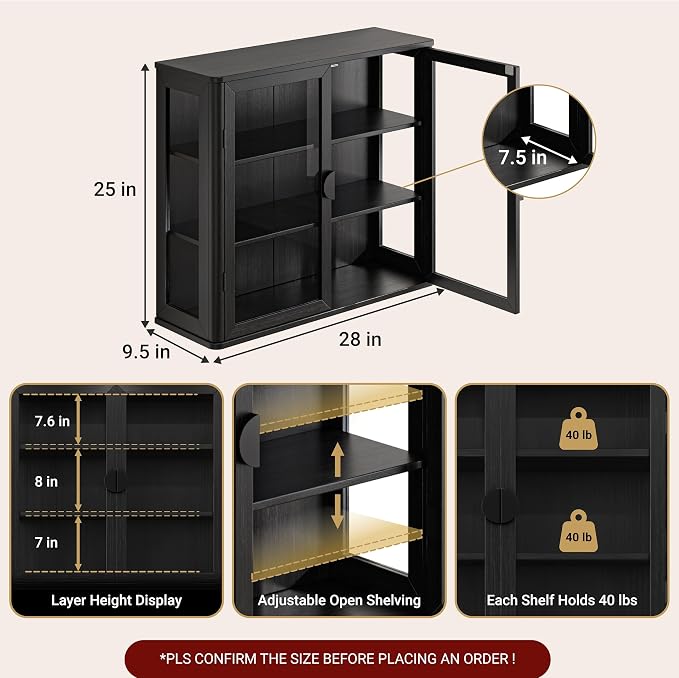 FIMELLO 28’’W Wall Cabinet with Tempered Glass Doors, Bathroom Cabinet Wall Mount, Kitchen Wall Cabinet, Floating Cabinet for Bathroom, Wall Mount Salon Station for Barber, Beauty, Black