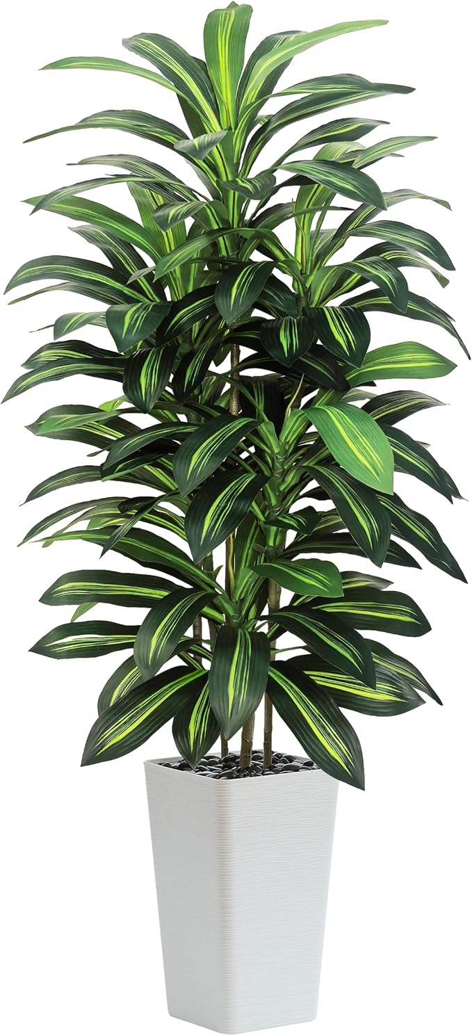 Artificial Dracaena Tree Indoor, 5FT Tall Fake Floor Plants with White Planter, Faux Silk Yucca Tree for Home Office Living Room Bedroom Farmhouse Modern Outdoor Topiary Tree