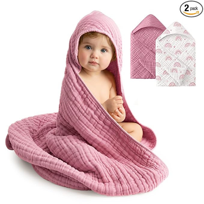 Baby Girl Bath Towels, 100% Muslin Cotton Hooded Baby Towels for Newborn, 2 Pack Baby Towels with Hood for Infant Toddler and Kids, Large 32x32Inch Bath Essentials, Soft and Absorbent