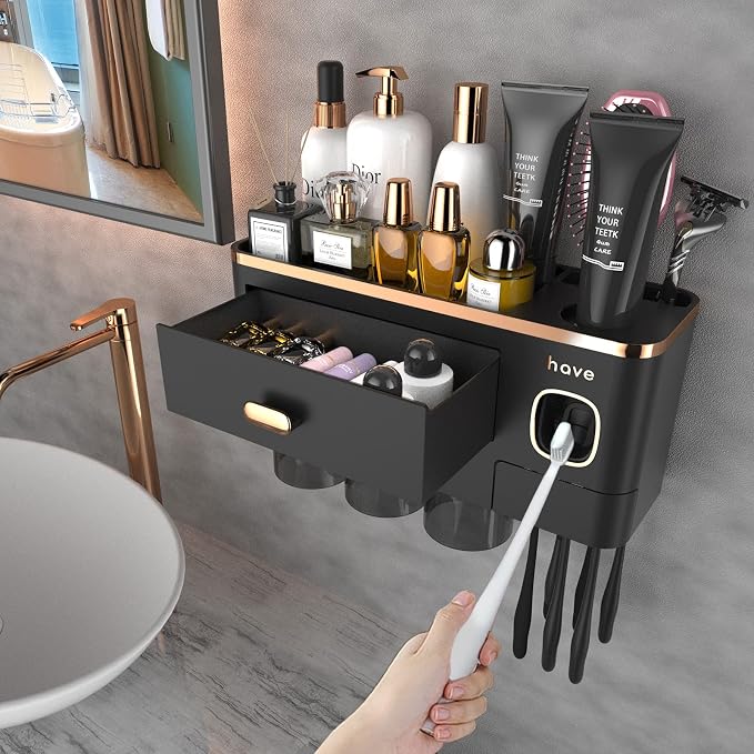 iHave Toothbrush Holders Bathrooms Wall Mount Toothpaste Dispenser & 3 Cups | Luxury White & Gold Bathroom Decor:3 Cups, 6 Slots, Toothpaste Dispenser, Large Tray & Drawer Wall Mount Toothbrush Organizer