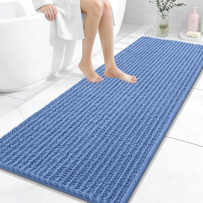 OLANLY Bathroom Runner Rugs 59x24, Thick Soft Absorbent Chenille Bath Rugs | Cornflower Blue, Quick-Drying Rubber Backing, Long Shaggy Bath Mat, Washable for Floor, Tub Shower, Home Decor Accessories