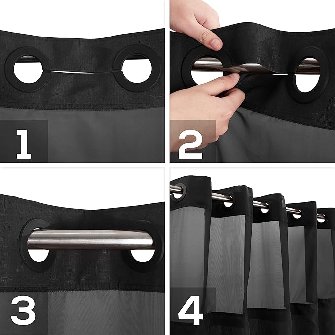 River Dream No Hook Shower Curtain with Snap-in Liner Set, Black, 71x74 | Snap on/off Waterproof PEVA Liner, See Through Top Window, Slub Textured, Hotel Style Shower Curtain Set, Standard Size