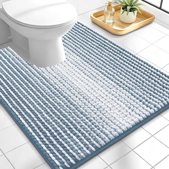 OLANLY Toilet Rugs U-Shaped 24x20, Chenille Contour Bath Mat, Airy Blue | Extra Soft Absorbent, Striped Bathroom Rugs for Toilet, Dry Quickly, Machine Washable, Non-Slip
