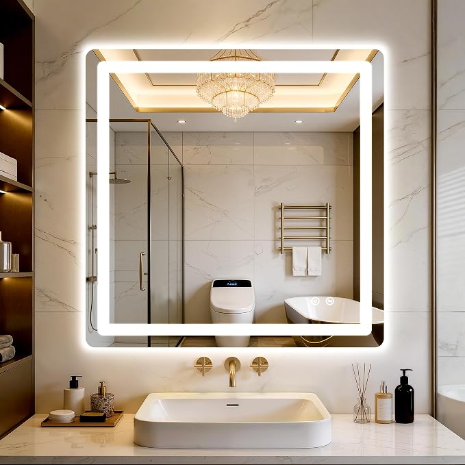 LED Bathroom Mirror with Lights, 30" x 30" Lighted Vanity Mirror | Frontlight+Backlit, 3 Colors Dimmable Brightness, Anti-Fog, Memory Function, Shatterproof Tempered Glass, Horizontal/Vertical