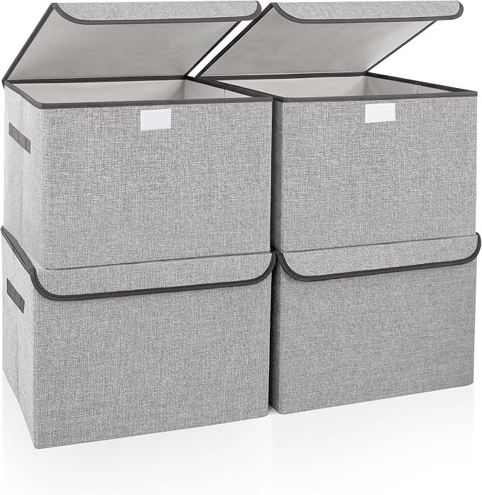 Linen Fabric Foldable Storage Cube Bin Organizer Basket with Flip-Top Lid & Handles, Large Clothes Blanket Box for Home, Office, Closet, Light Gray, 4 Pack 14.6 x 9.5 x 9.5”