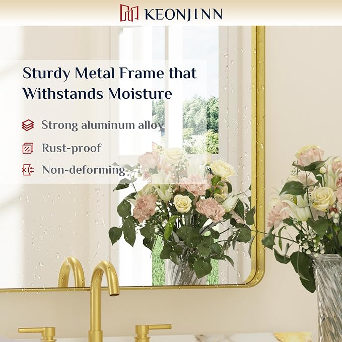 Keonjinn 24 x 30 Inch Gold Bathroom Mirrors for Over Sink, Tempered Glass | Brushed Finish, Brass Vanity Mirror, Anti-Rust Aluminum Frame, Rounded Rectangle, French Cleat Mount, Ideal for Home Décor