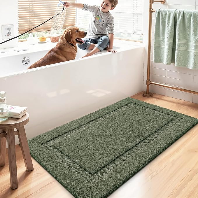 LUMI Large Bathroom Rugs Soft Absorbent, Non Slip Bath Mat 24x43, Green | Machine Washable with Rubber Backing, Quick Dry, Premium Microfiber Plush Carpet for Bathtub and Shower Floor