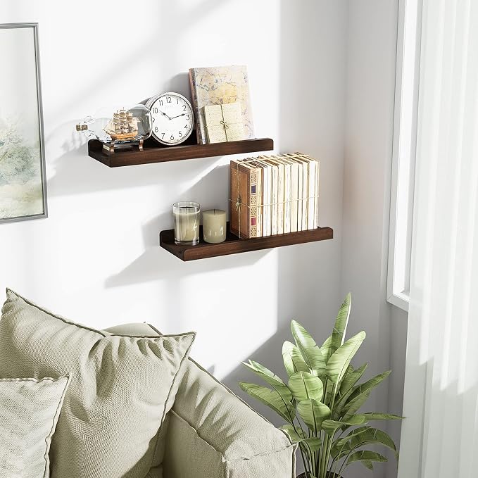 Love-KANKEI 17" Floating Wall Shelves with Lip,Solid Wood,Set of 2,Walnut | Protective Ledge,18 Lbs/shelf,Easy to Install,For Bedroom Living Room Bathroom Kitchen Office,Nursery Display,Wall Decor
