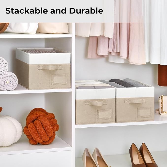 GRANNY SAYS Closet Storage Bins with Label, Khaki&Ivory, Medium, 3-Pack | Closet Storage Bins, Storage Baskets for Closet, Fabric Bins for Clothes, Closet Organizer Bins, Clothes Storage Organizer