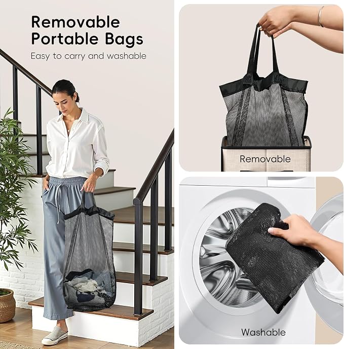 100L Laundry Hamper with Lid, Large Clothes Hampers with Removable Bag, Collapsible Laundry Basket for Bathroom, Bedroom, Laundry Room, Dorm, Beige