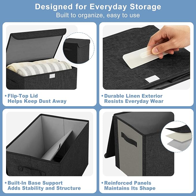 Large 17" 42 Quarts Collapsible Stackable Storage Bins with Lids [3-Pack] Foldable Fabric Linen Storage Boxes Cube, Closet Organizer Baskets with Label (16.7 x 12 x 12, Black)