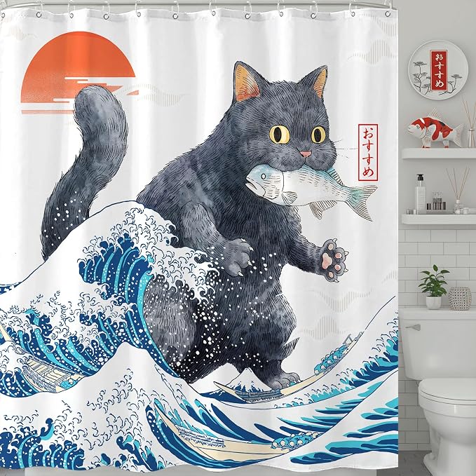 Accnicc Funny Black Cat Eating Fish Shower Curtain for Bathroom 72X72 Inch | Fun Cool Cat Shower Curtains, Japanese Ocean Wave Kids Bath Curtain Decor, Water-Resistant Washable Polyester Fabric