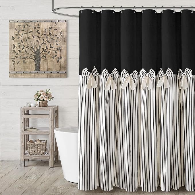 Farmhouse Shower Curtain Linen Bow Pleated Black Stripe 72"W x 72"L | Farmhouse Style, Chic Bow, Striped, Linen Fabric, Rustic, Country, Natural Look, Washable, for Bathroom Bathtub