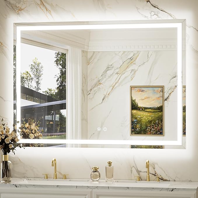 Keonjinn 48 x 36 Inch Beveled LED Bathroom Mirror with Frontlit & Backlit | HD Tempered Glass, Lighted Bathroom Mirror, 3-Color Lights, Fast & Safe Defogging, Stepless Dimmable, Memory Function, CRI90+