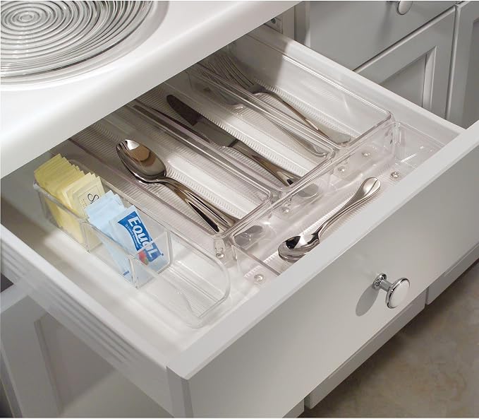 iDesign Plastic Drawer Organizer Bins, Set of 3, Clear | Storage for Kitchen, Storage for Bathroom, Storage for Desk Drawers