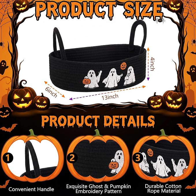 Vesici Halloween Ghost Storage Basket, Black Bathroom Caddy with Handle | Woven Cotton Rope, Ghost Embroidery Decor, Fits Toilet Tank Top or Countertop, 13 X 6 X 4 Inch Organizer for Any Room