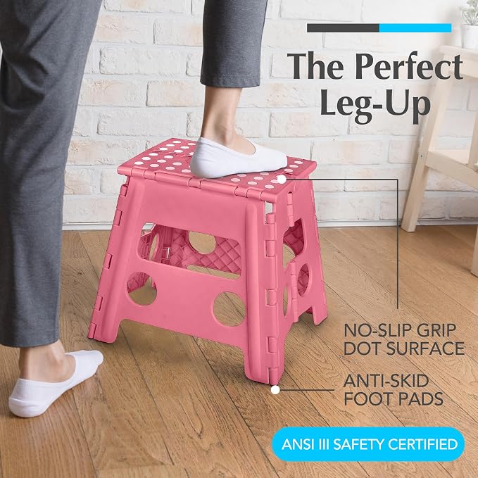 Handy Laundry Folding Step Stool 13 Inch, Pink, Non-Slip Holds 300 lbs | 13 Inch, Pink, Foldable Collapsible Step Stool, Non-Slip, Holds 300 lbs, Kitchen Bathroom Bedroom, Adults