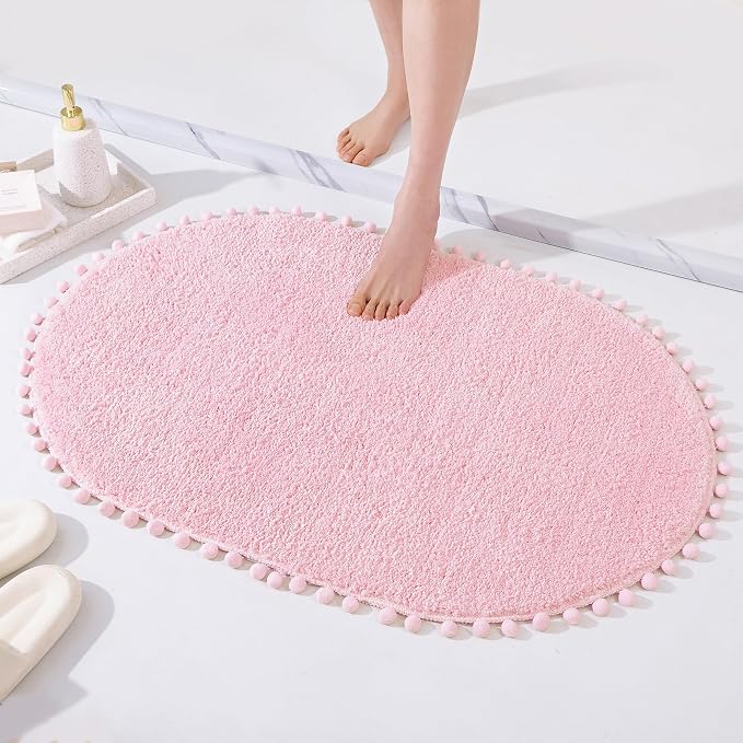YIRDDEO Oval Rug for Bathroom, Cute Boho Bath Mat with Pom, Pink, 36"x24" | Soft Plush, Absorbent, Quick Dry, Machine Washable, Non Slip Bath Mat for Bathroom Shower Floor Home Decor