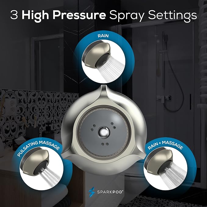 SparkPod High Pressure Shower Head, 3 Inch Fixed Showerhead, Brushed Nickel | Rain, Pulsating & Combo Modes, Helps Boosts Low Water Pressure, Anti-Clog Nozzles, Easy Install