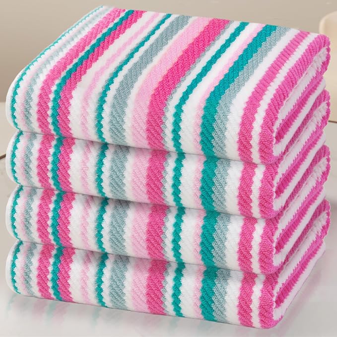 VOOVA & MOVAS Striped Bath Towels 4 Pack, 100% Cotton, 28x52 in, Pink Teal | Perfect for Everyday Bathing, Quick Dry, Soft, Absorbent, Lightweight, Bath Towels with Hanging Loops
