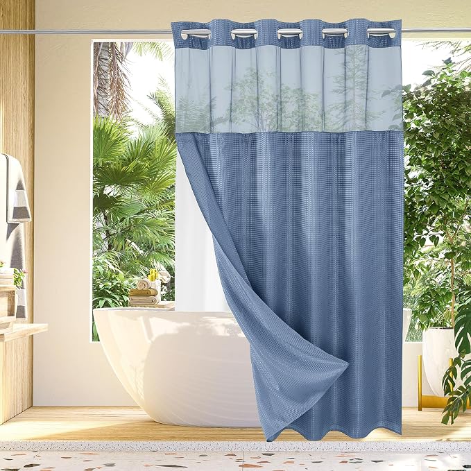 No Hook Cloth Moonlight Blue Shower Curtain with Liner, 72x86 | Snap-in Fabric Liner, Hotel Style with Mesh Top Window, Waterproof Coating, Machine Washable, Rustproof Grommets