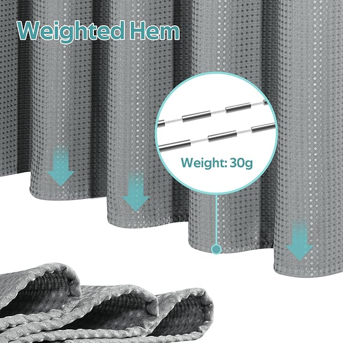 3 in 1 Shower Curtain Set, Waffle Shower Curtain and Liner Set with 6 Double Sided Shower Curtain Hooks, 258GSM Luxury Weighted Cloth Shower Curtain for Shower Stall, 36 W x 72 H, Grey