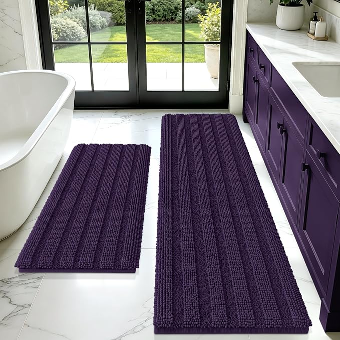 Striped Eggplant Purple Bathroom Rug Mat Set 2 piece 32"x20"+60"x20" Ultra Soft, Non Slip Chenille Bath Rugs, Absorbent Plush Shaggy Bath Mats for Bathroom, Bedroom, Kitchen, Shower, Tub