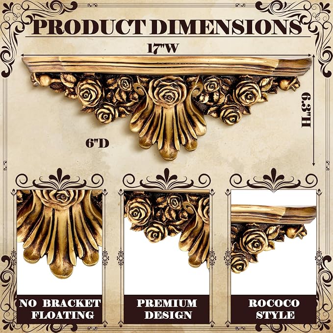 Pinkunn 17" Vintage Antique Gold Floating Wall Shelf | French Country Style Fleur De Lis Victorian Baroque Decorative Ledge, Gothic Wall Decor for Living Room, Bedroom & Entryway