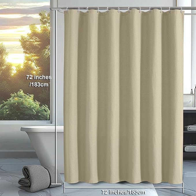 Waffle Shower Curtain Set for Bathroom, Textured Heavy Duty Fabric Bath Curtains, Luxury Hotel Weighted 230GSM Bathroom Decor with 12 Plastic Hooks, Machine Washable, 72Wx72L, Taupe