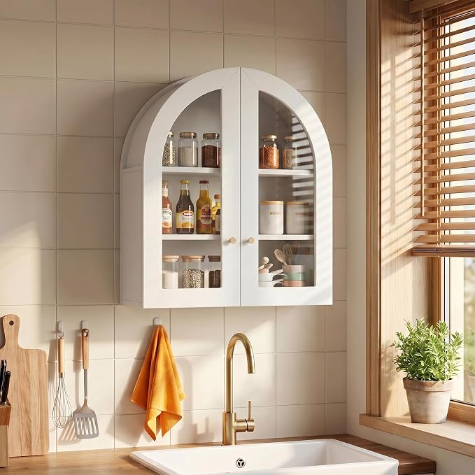 Arched Wall Cabinet, Bathroom Cabinet Wall Mount with Glass Doors & Adjustable Shelf, Floating Medicine Cabinet for Bathroom, Kitchen, Living Room Storage, White