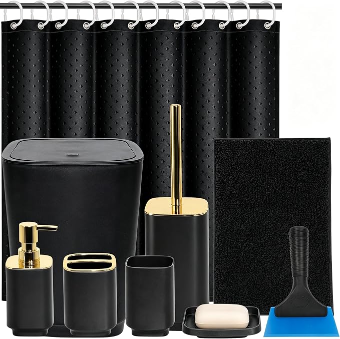 Bathroom Accessories Set with Shower Curtain, Black & Gold | 10Pcs Bathroom Sets Complete with No Slip Rug, Trash Can, Toilet Brush Set, Soap Toothbrush Holder Set, Squeegee