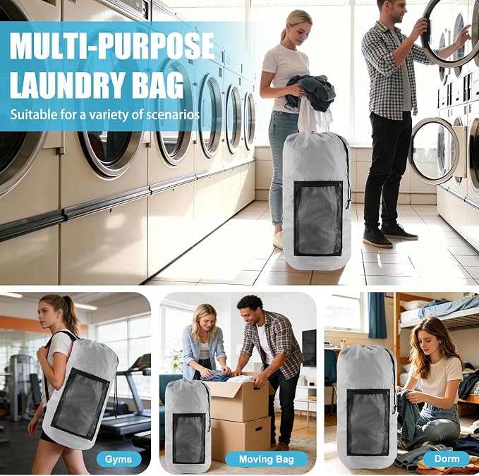 Olosar Laundry Bag Backpack, Extra Large Travel Laundry Bag with Mesh Pocket & Adjustable Shoulder Straps,Dirty Clothes Travel Bag for College Students Dorm,Apartment(Light Gray)