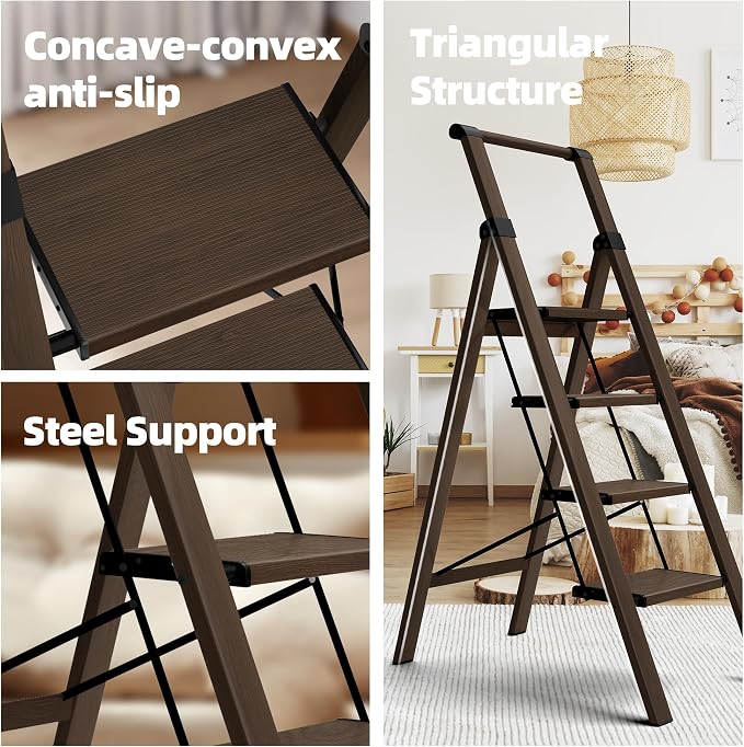 HillhutApex Aluminum 4 Step Ladder, Step Stool Foldable Ladder(Walnut) | Anti-Slip Pedals,330lbs Capacity,Lightweight Folding Ladders for Home,Office,Libaray