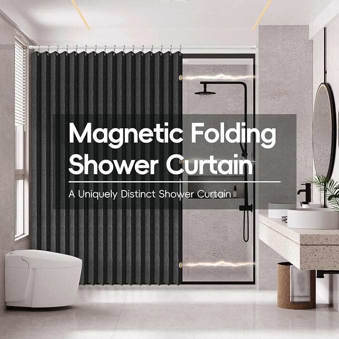 AJAZZ Magnetic Folding Shower Curtains Fabric Polyester Material Waterproof Shower Curtain Suitable for Family Hotel Homestay (Black,77" W x 72" L) 1 Panel