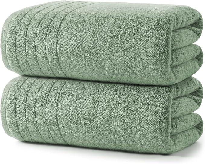 REDKISS 2 Pack Extra Large 35x70 Inch Cotton Bath Towels, Green | 100% thick cotton, ultra soft & absorbent, quick dry green towels for bathroom, gym, spa, pool, hotel