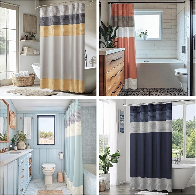 Madison Park Bathroom Shower Curtain, 72 x 84 Extra Long, Faux Silk, Black | Modern Classic, Light Sheen, Pieced, Striped, Microfiber, Machine Washable, OEKO-TEX Certified, Amherst