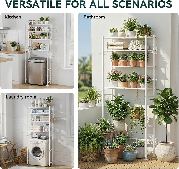 GloTika 4-Tier Over The Toilet Storage Shelves, White | 200lb Total Capacity, Metal Bathroom Organizer with 36" Clearance, Includes Paper Holder & 4 Hooks, Suit for Small Space