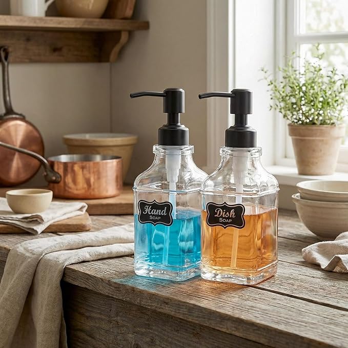 JASAI 2Pack Hand & Dish Glass Soap Dispenser with Black Rust Proof Pump | Refillable Dish Soap Dispenser with Sturdy 304 Stainless Steel Pump Pump for Kitchen and Bathroom.