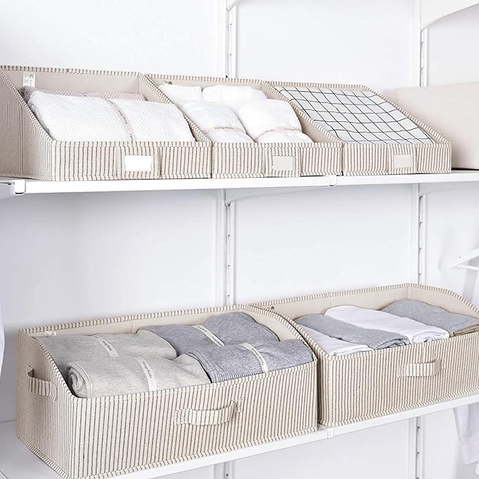 StorageWorks Closet Storage Bins Trapezoid, Khaki Stripes, Large, 3-Pack | Closet Organizer Bins, Trapezoid Organizer Box for Shelves, Fabric Clothes Bin, Foldable Organizing Baskets with Handles