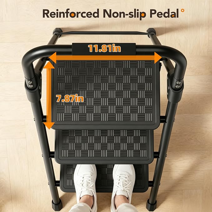 HBTower 3 Step Ladder, Heavy Duty Step Stools for Adults | Step Stool Foldable with Anti-Slip Pedal and Feet, Ladders for Home Kitchen Garage Outdoor, 330 Lbs, Black