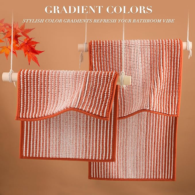 Bathroom Rugs and Mats Sets, 2 Piece Thick Absorbent Chenille Bath Mat Rug Set Non Slip, Soft Shaggy Bath Room Floor Mats for Bathroom, Machine Washable (Sunset Orange, 20" x 47" Plus 16" x 24")
