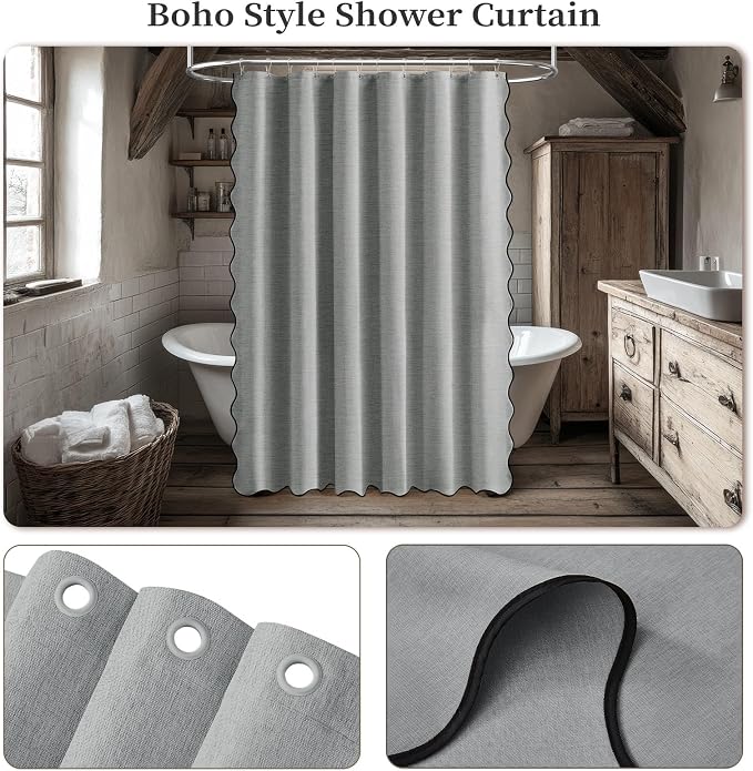 72x80 Boho Scalloped Linen Textured Cloth Shower Curtain, Grey/Gray | Long Size, 230GSM Waterproof Polyester, Heavy Duty Fabric, 12 Plastic Hooks, Elegant Modern Farmhouse Style, Machine Washable