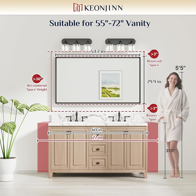 Keonjinn 55 x 30 Inch Brushed Nickel Large Bathroom Mirrors for Over Sink | Metal Frame, Rectangular Mirrors for Wall, Anti Rust, Rustic Bathroom Vanity Mirror, Safety HD Tempered Glass, Square Corner