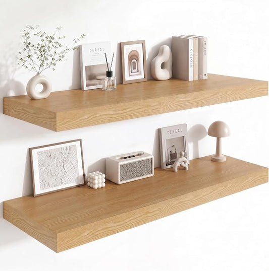 12 Deep Floating Shelves for wall,48 Inch Extra Long Large Wall Shelves Set of 2,2 Inch Thick Heavy Duty Floating Wall Mounted Shelves,Floating Shelf for Fireplace Mantel,Oak Color