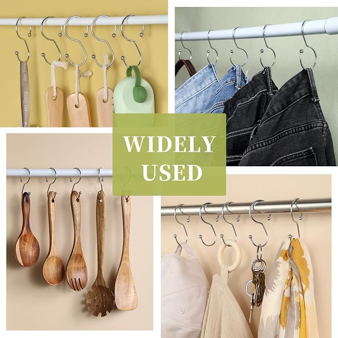 Shower Curtain Hooks, Anti-Fall S-Shaped Shower Curtain Ring, Decorative Silver Shower Curtain Hooks Rings Rust Proof Shower Rings for Curtain, Shower Hooks for Shower Curtain, 12 Pack, Chrome